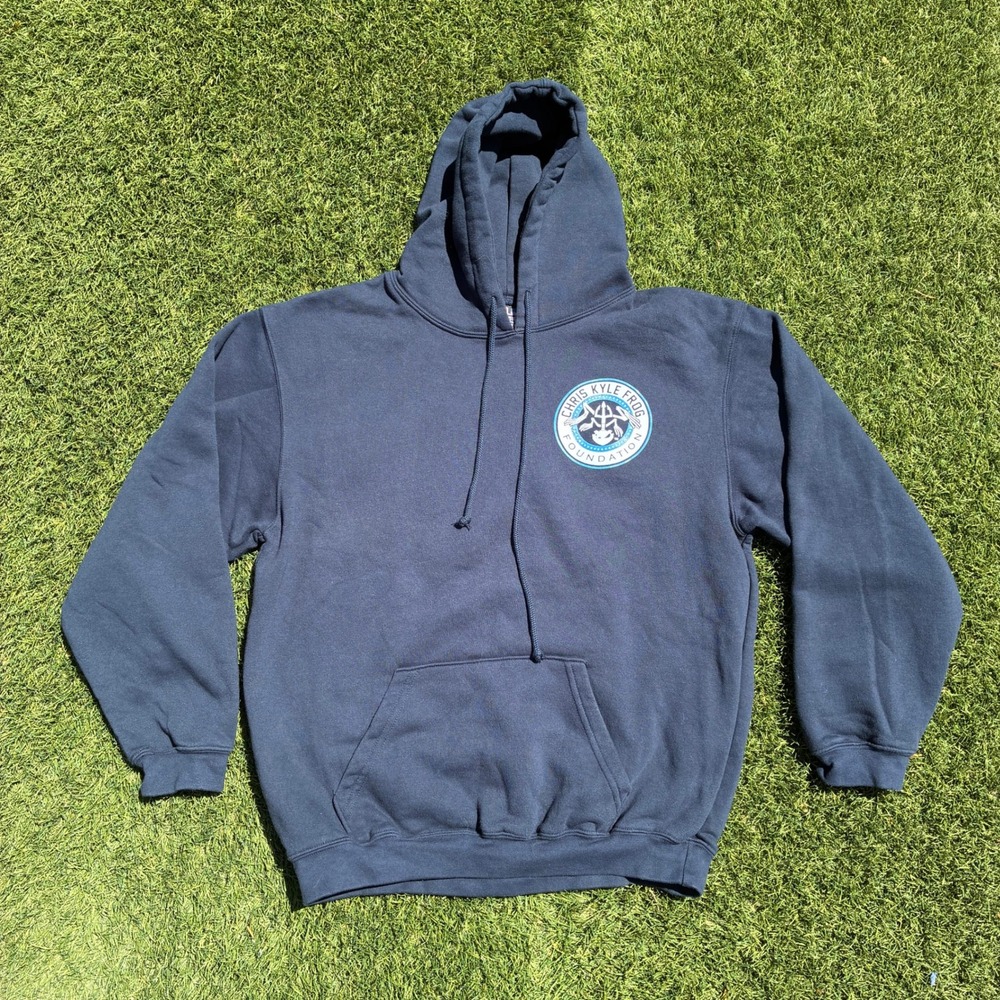 Chris Kyle Mens Large Frog Foundation Navy Blue Pullover Hoodie Sweatshirt